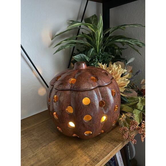 Vintage Pumpkin Flameless Ceramic Illuminations Luminary Pumpkin Rust Metallic - Picture 2 of 10